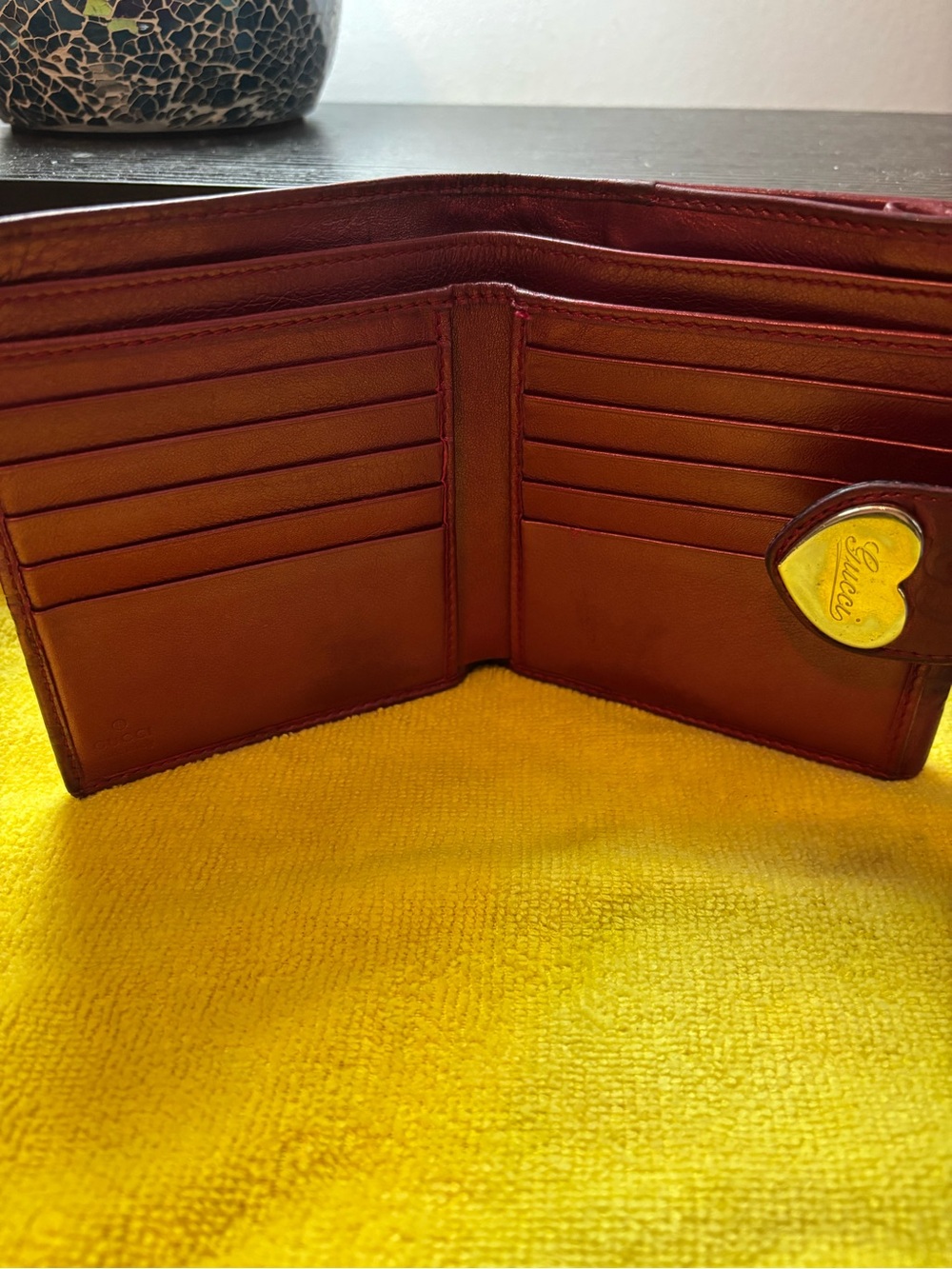 AUTHENTIC Gucci Metallic Guccissima Heart French Flap Wallet - Burgundy Red - Picture 8 of 13
